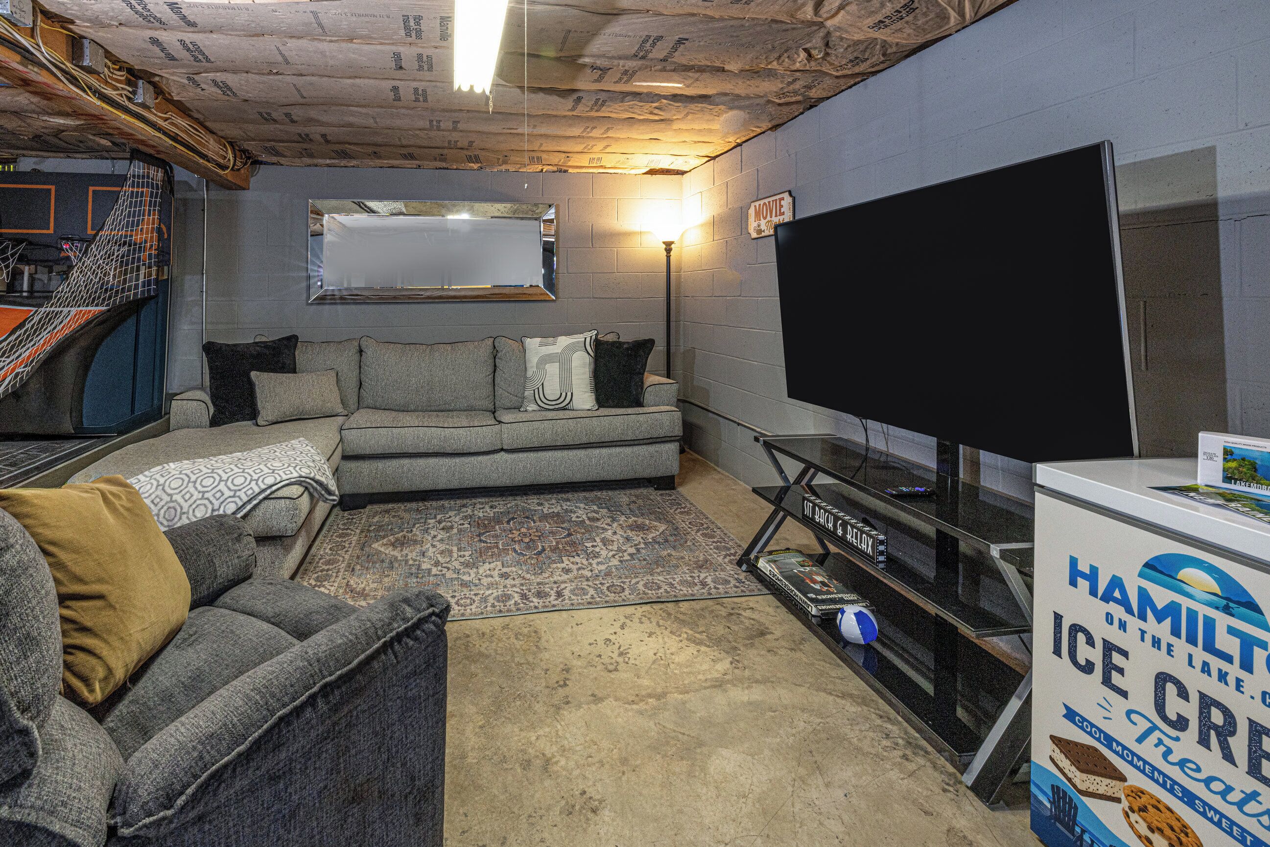 Smart TV, fireplace, books