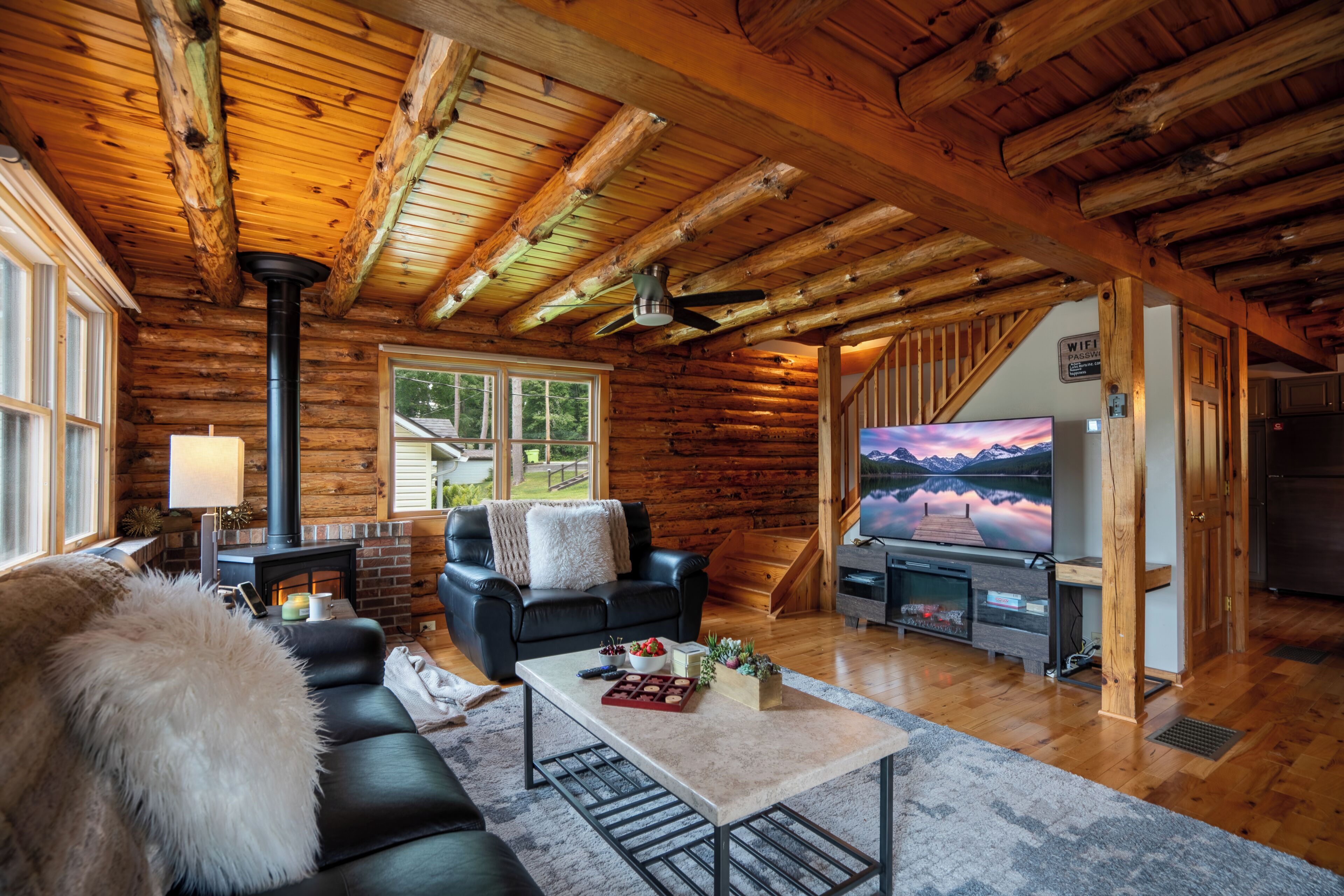 Smart TV, fireplace, books
