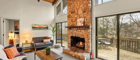 Smart TV, chimenea y libros
