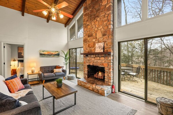 Smart TV, fireplace, books