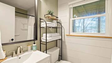 Shower, hair dryer, shampoo