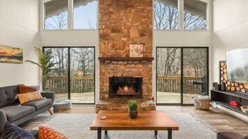 TV connectée, cheminée, livres