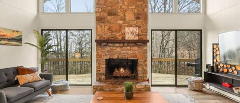 Smart TV, fireplace, books