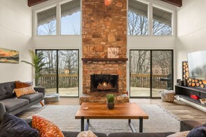 Smart TV, fireplace, books