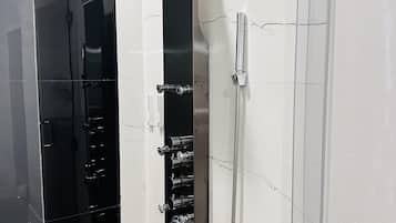 Hair dryer, towels, soap, shampoo