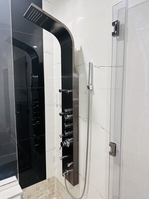 Hair dryer, towels, soap, shampoo