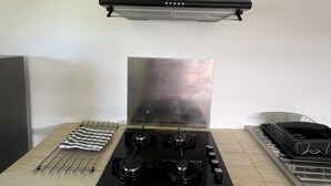 Een keuken met een gasfornuis, een afzuigkap en een afwasschaal.