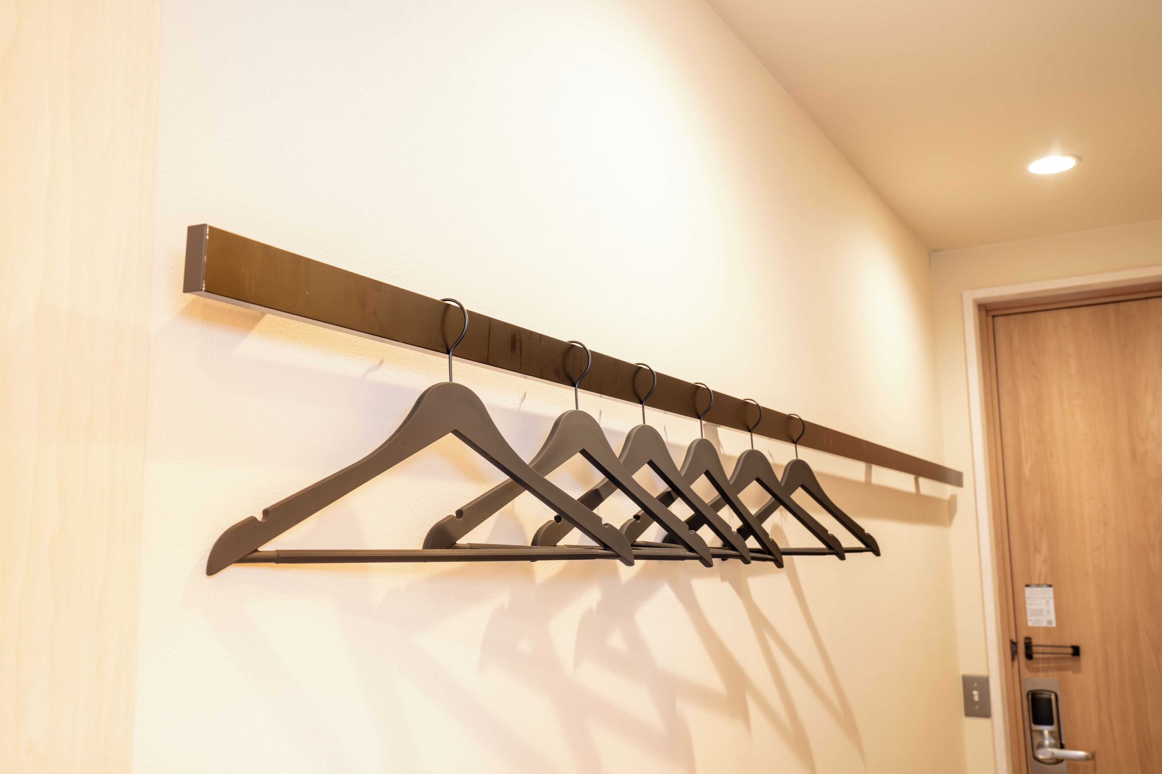 A wall-mounted coat rack with multiple hangers in a hotel room.