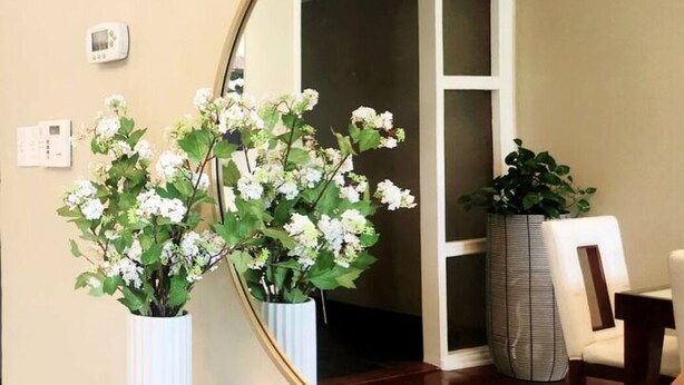 A room with a large mirror reflecting a white flower arrangement, a potted plant, and a white chair. - A Rare find- Bright & Charming Central Austin Home- 3bedroom in the heart of ATX (Austin)