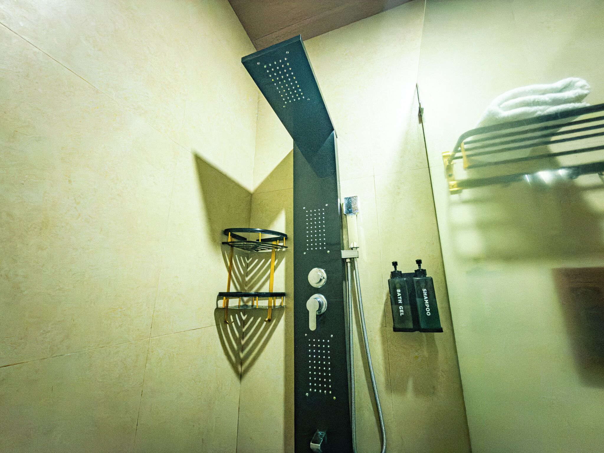 A shower with a control panel, a towel rack, and toiletries.