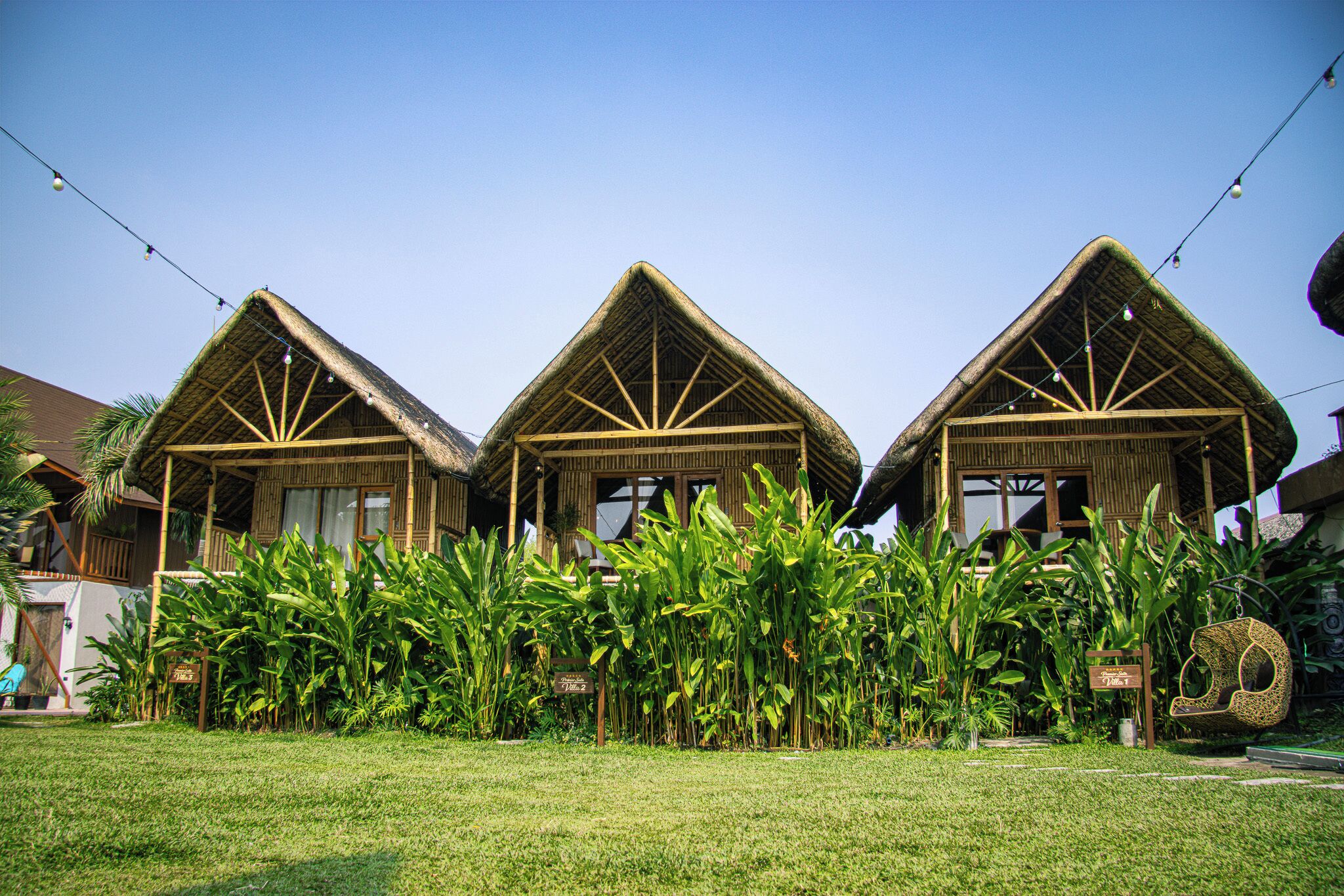A row of thatched-roof buildings with a well-maintained lawn and tropical plants in front.