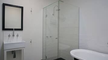 A bathroom with a glass shower enclosure, a white sink, and a mirror.