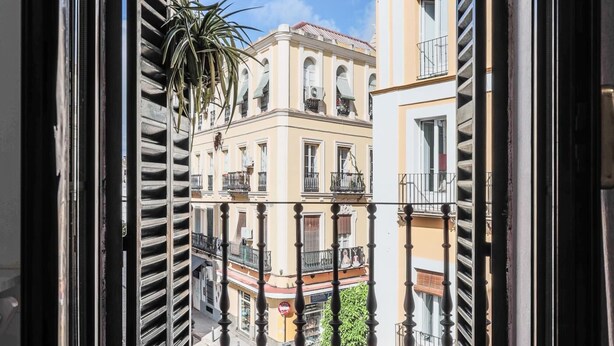 A view through a window of a building with balconies, a plant, and a clear sky. - Nice duplex with terrace feria street (Sevilla)