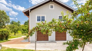Une maison à deux étages avec un garage, entourée de verdure et sous un ciel dégagé.