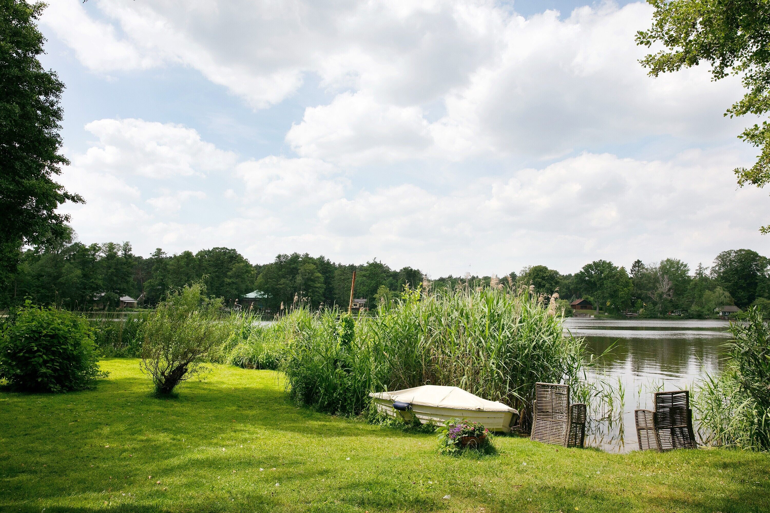 A grassy area with a boat and chairs near a lake, surrounded by trees and vegetation.