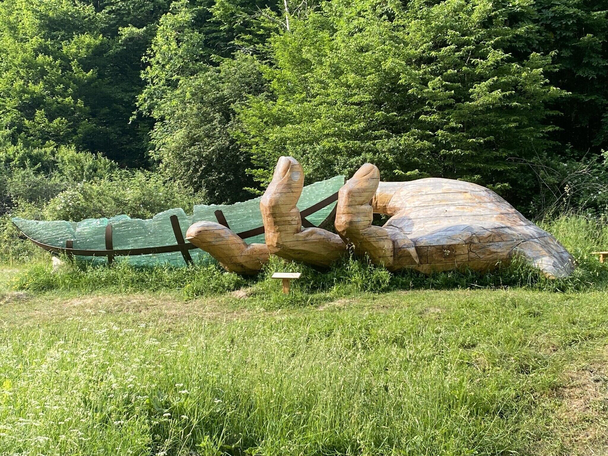Una gran escultura de tortuga en un camp herbós amb una tanca verda i arbres al fons.