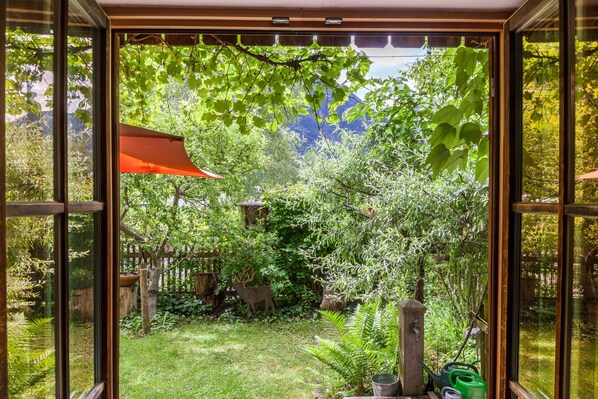 Vista de un jardín a través de un ventanal de vidrio, con diversas plantas, una valla de madera y un comedero colgante para pájaros.