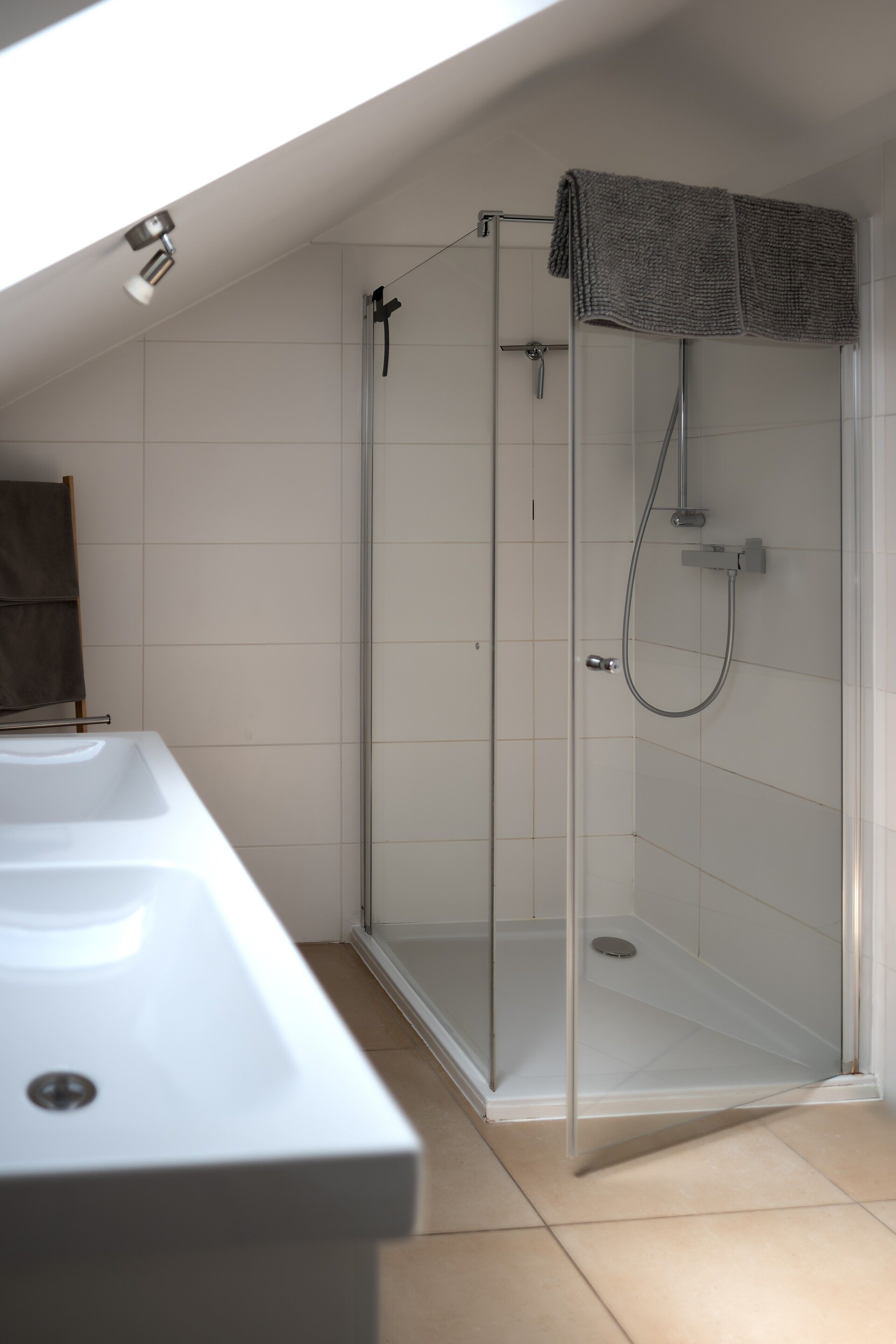 A modern bathroom with a glass-enclosed shower, a white sink, and a towel rack.