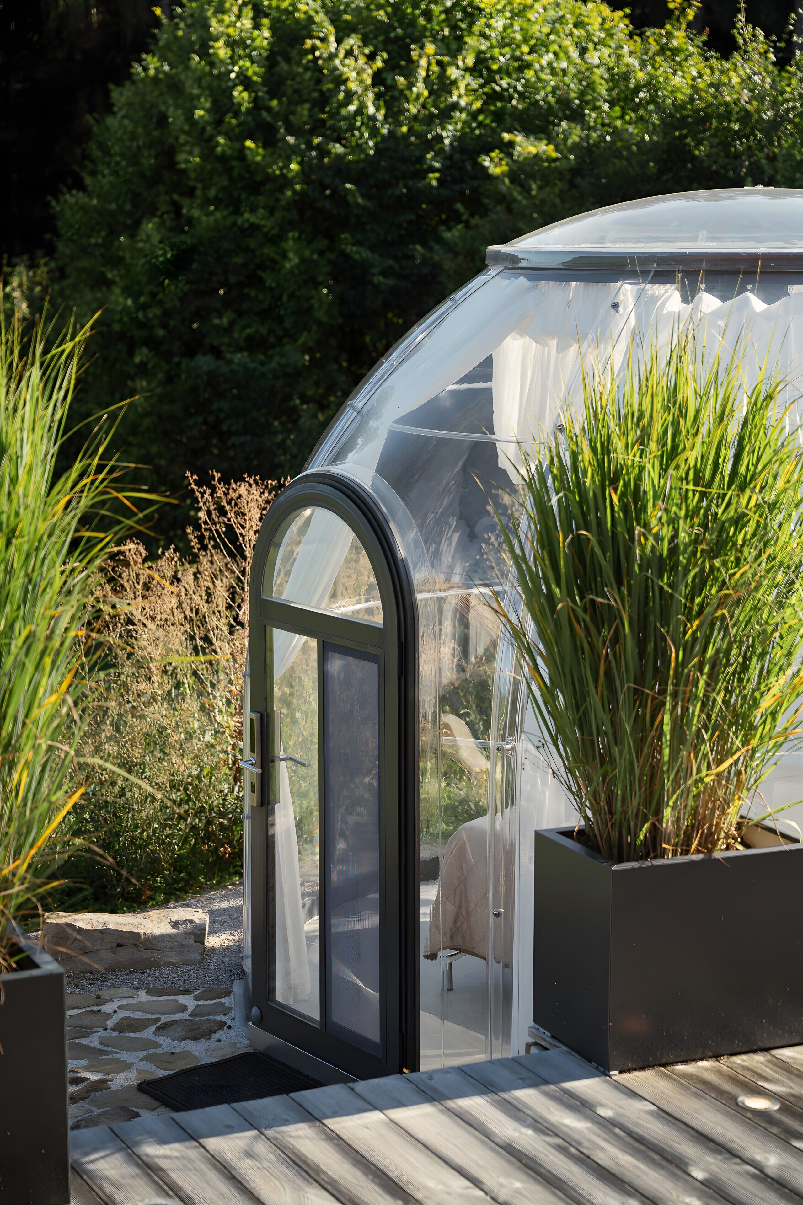Un invernadero con puerta transparente, rodeado de plantas y una terraza de madera.