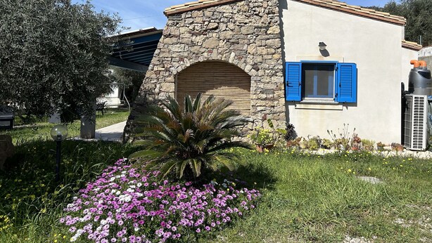 A stone building with a blue shutter, surrounded by a garden with purple and white flowers.