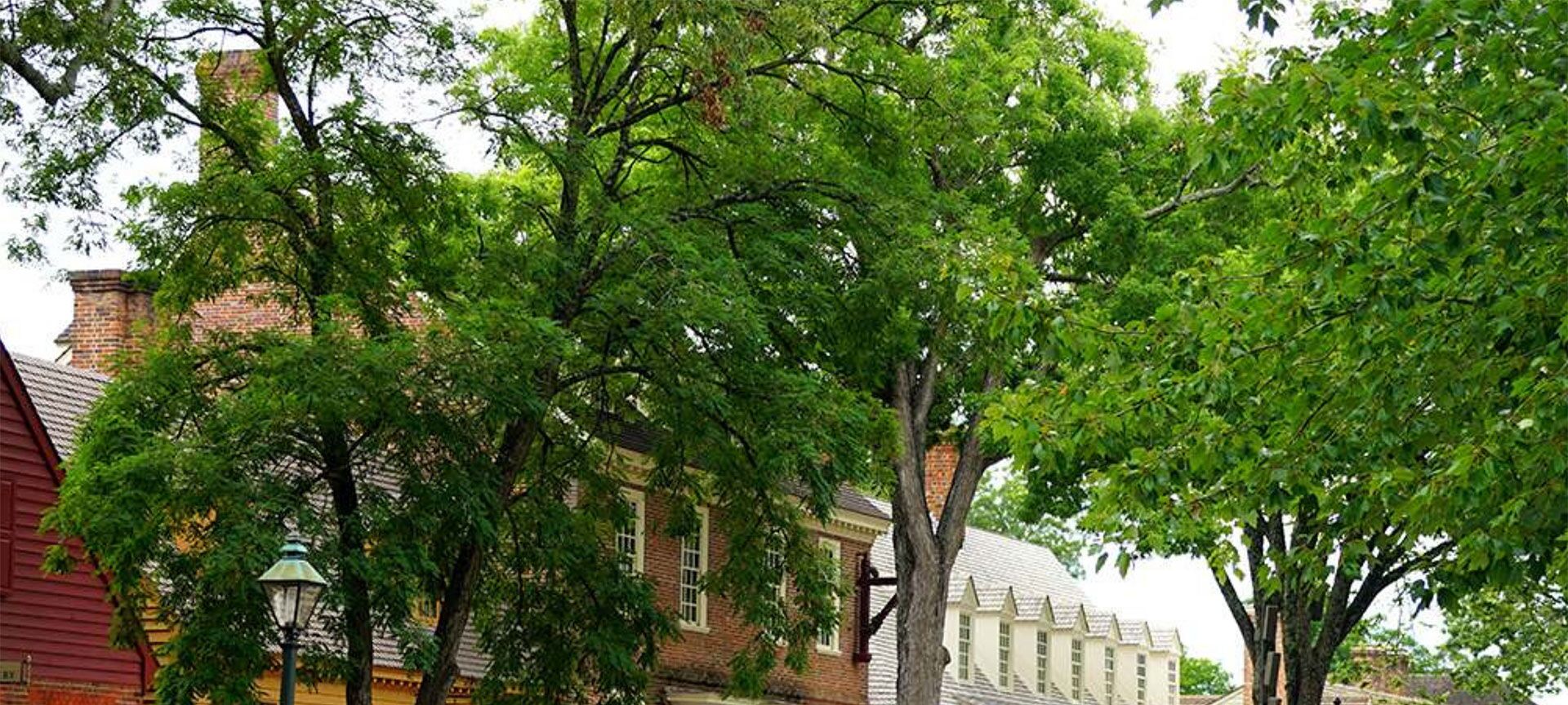 A historic building with brick walls and a traditional roof, surrounded by lush green trees.