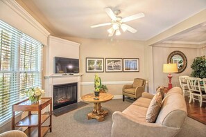 TV, DVD player, video library, stereo