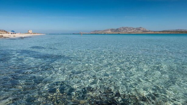 Una vista costera despejada con playa, afloramientos rocosos y una cadena montañosa distante.