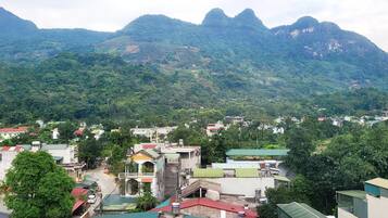 A town with buildings and a mountain range in the background.