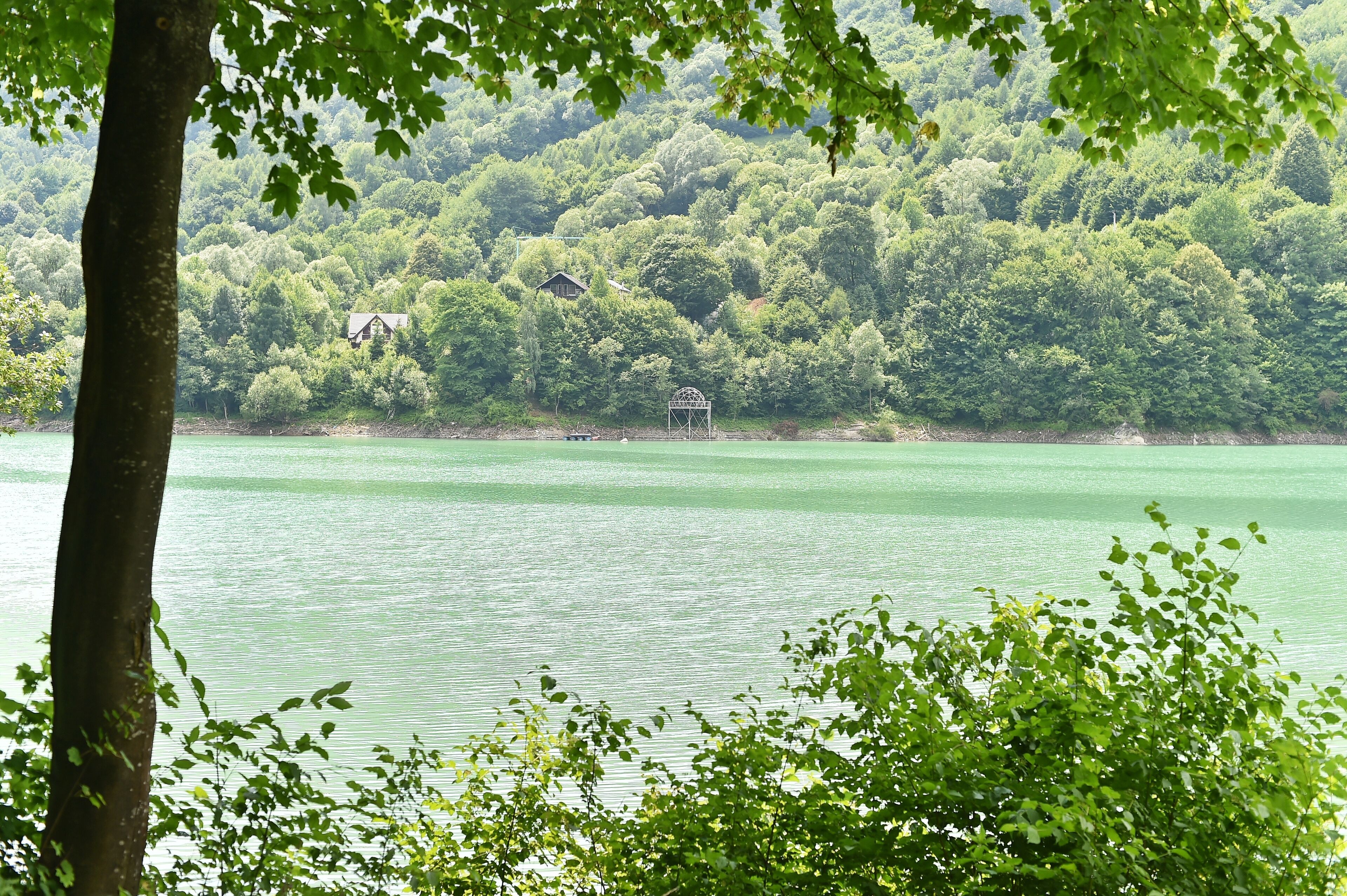 Ein ruhiger See mit einem Haus und einem Pavillon am Ufer, umgeben von dichtem Wald.