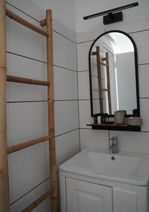 A bathroom with a white sink, a mirror, and a wooden ladder.
