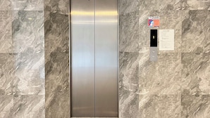Een moderne lift met een metalen afwerking, voor een marmeren wand.