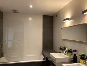 Hair dryer, towels, soap, toilet paper