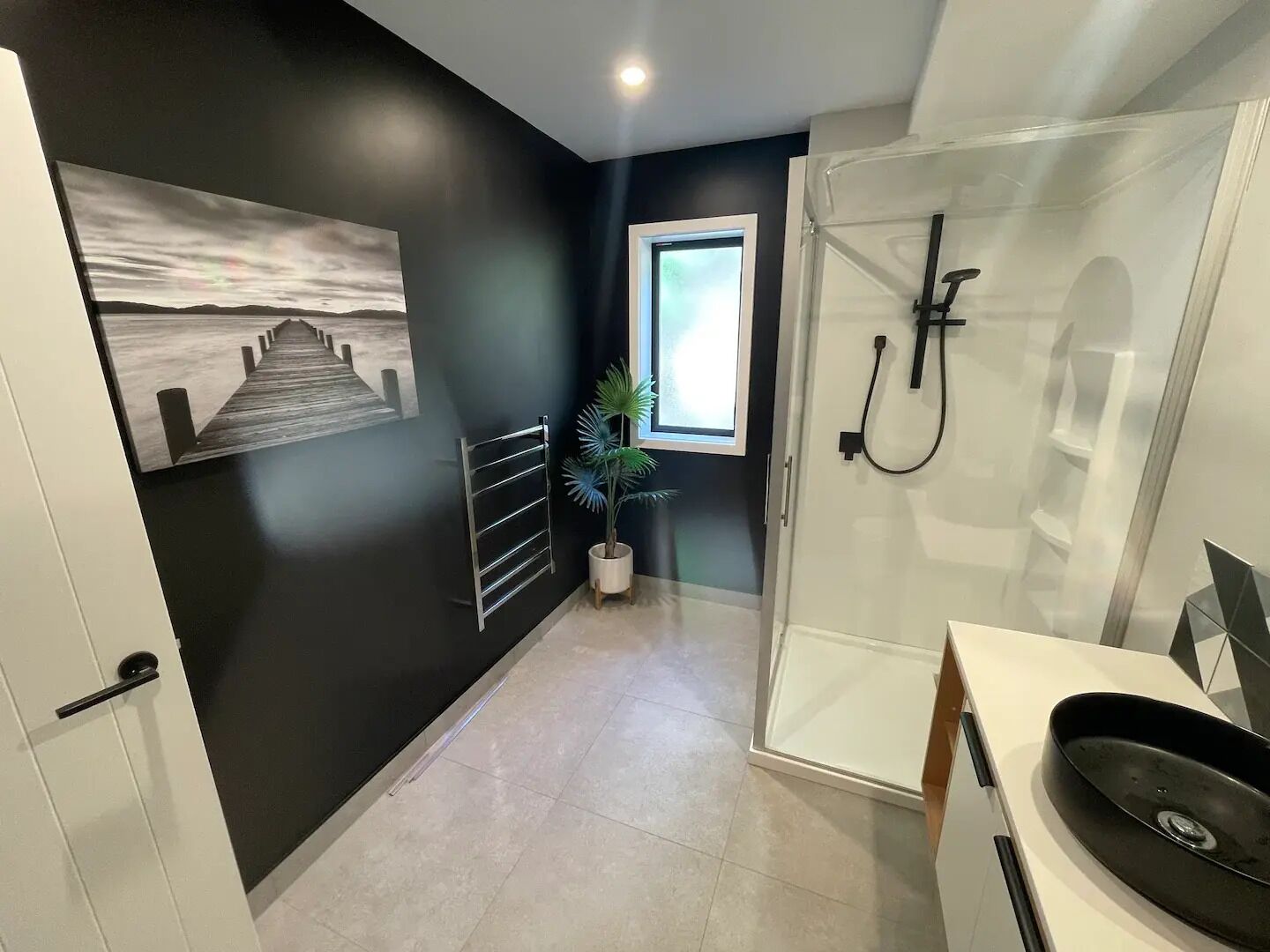 Shower, eco-friendly toiletries, hair dryer, towels