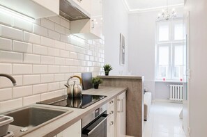 Fridge, oven, stovetop, cookware/dishes/utensils - Lumina bright apart next to Fabryczna Station (Lódz)