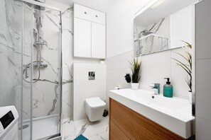 Shower, hair dryer, towels