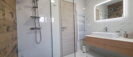 Shower, hair dryer, towels, soap