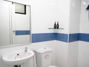 Features a white sink, toilet, and glass shelf with toiletries.