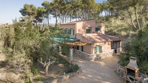 Una casa moderna con base de piedra, contraventanas verdes y techo de tejas, rodeada de árboles y un camino de grava.