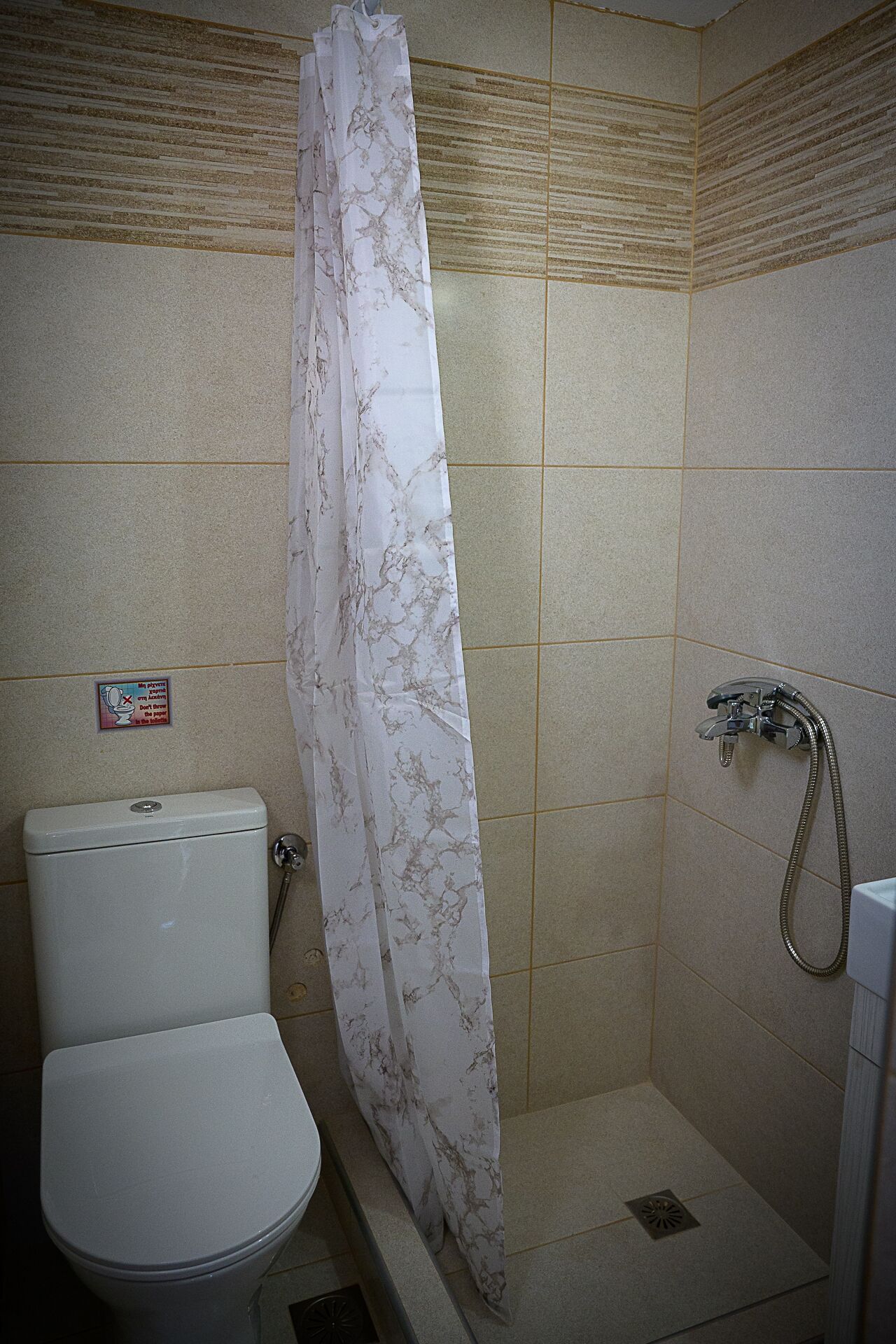 A small bathroom with a toilet, a shower, and a wall-mounted toilet paper dispenser.