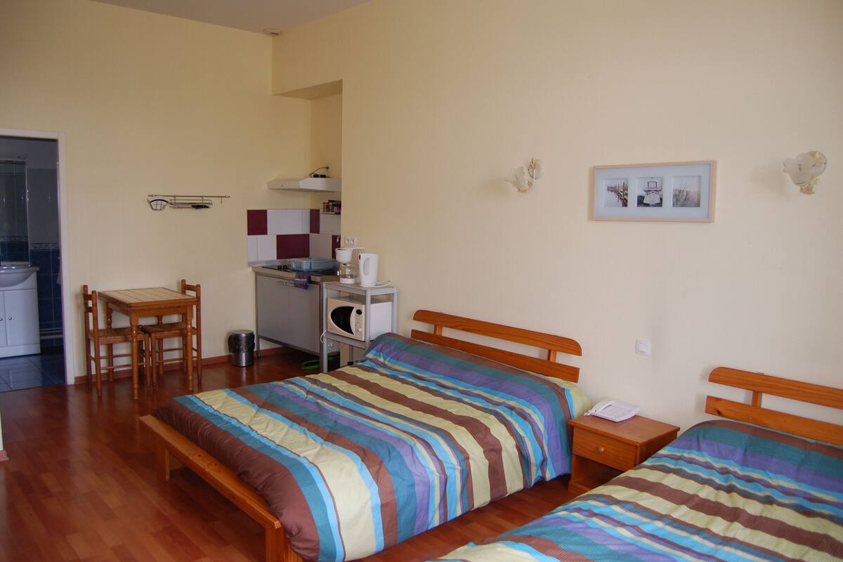 A bedroom with two beds, a wooden desk, and a kitchenette.