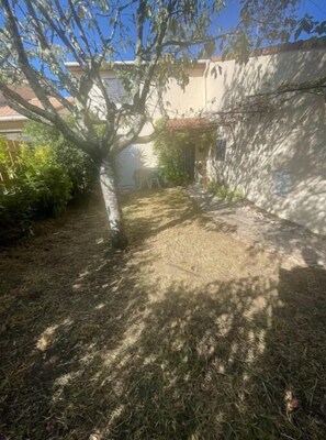 Relax in a serene outdoor space surrounded by a lush lawn and a mature tree, perfect for quiet activities.
