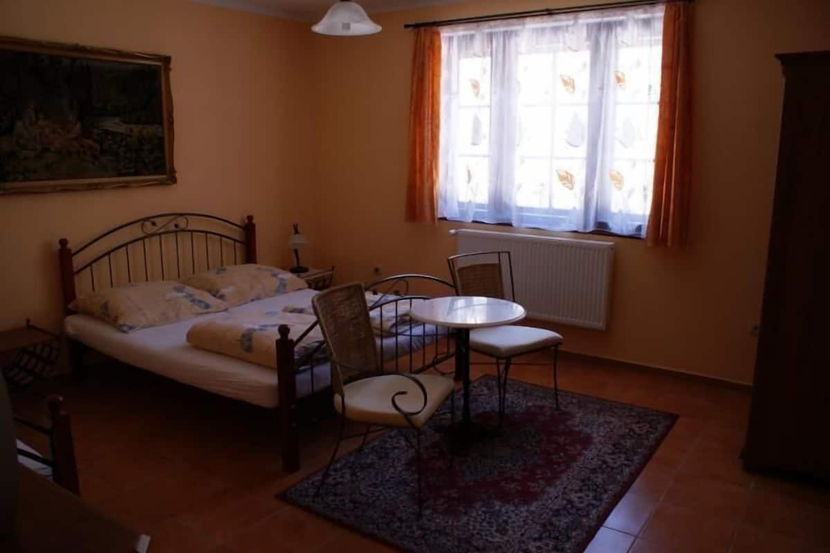 Un dormitorio con una cama, una mesa redonda, dos sillas, un radiador y una ventana con cortinas.