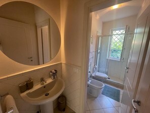 Regadera, secadora de cabello, bidet, toallas