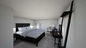 Un dormitorio moderno con cama, mesitas de noche, escritorio, silla, espejo y ventana.