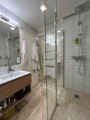 Dusche, Haartrockner, Handtücher, Seife