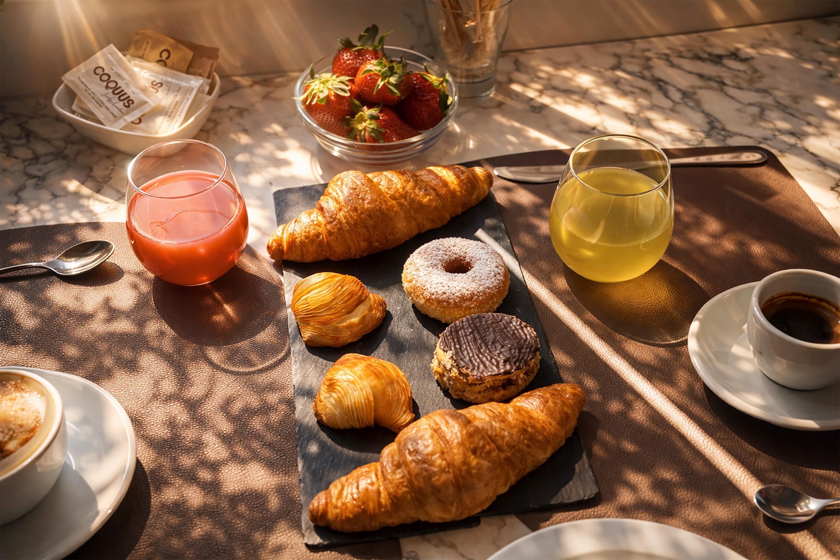A breakfast setting with croissants, strawberries, a glass of juice, and coffee on a marble table.