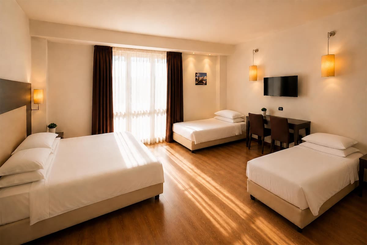 Une chambre d’hôtel avec deux lits, un bureau, une chaise, une télévision et une fenêtre avec des rideaux.