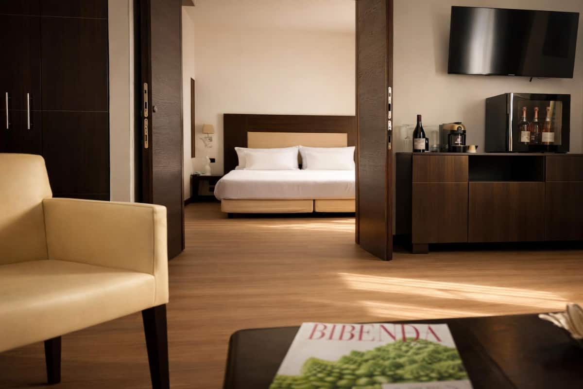 Une chambre d’hôtel équipée d’un lit, d’une télévision, d’un minibar et d’un canapé.