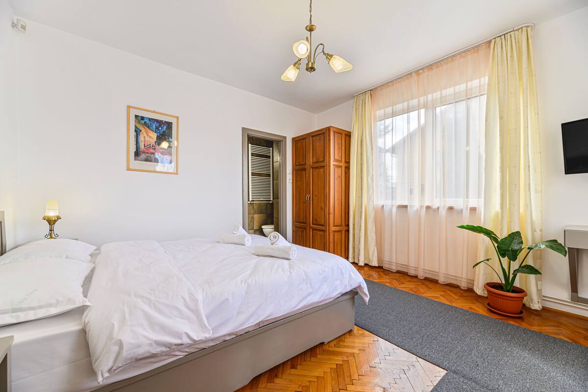 A bedroom with a bed, a potted plant, a painting, a wardrobe, and a television.