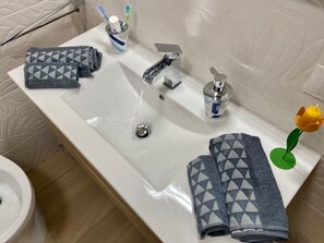 Douche, séchoir à cheveux, bidet, serviettes fournies